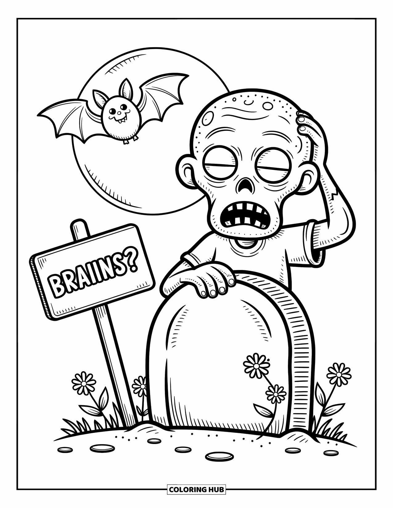 Zombie Ausmalbild für Erwachsene: Neugieriger Zombie erhebt sich in der Nähe eines sprudelnden Schildes und einer flatternden Fledermaus unter einem leuchtenden Mond