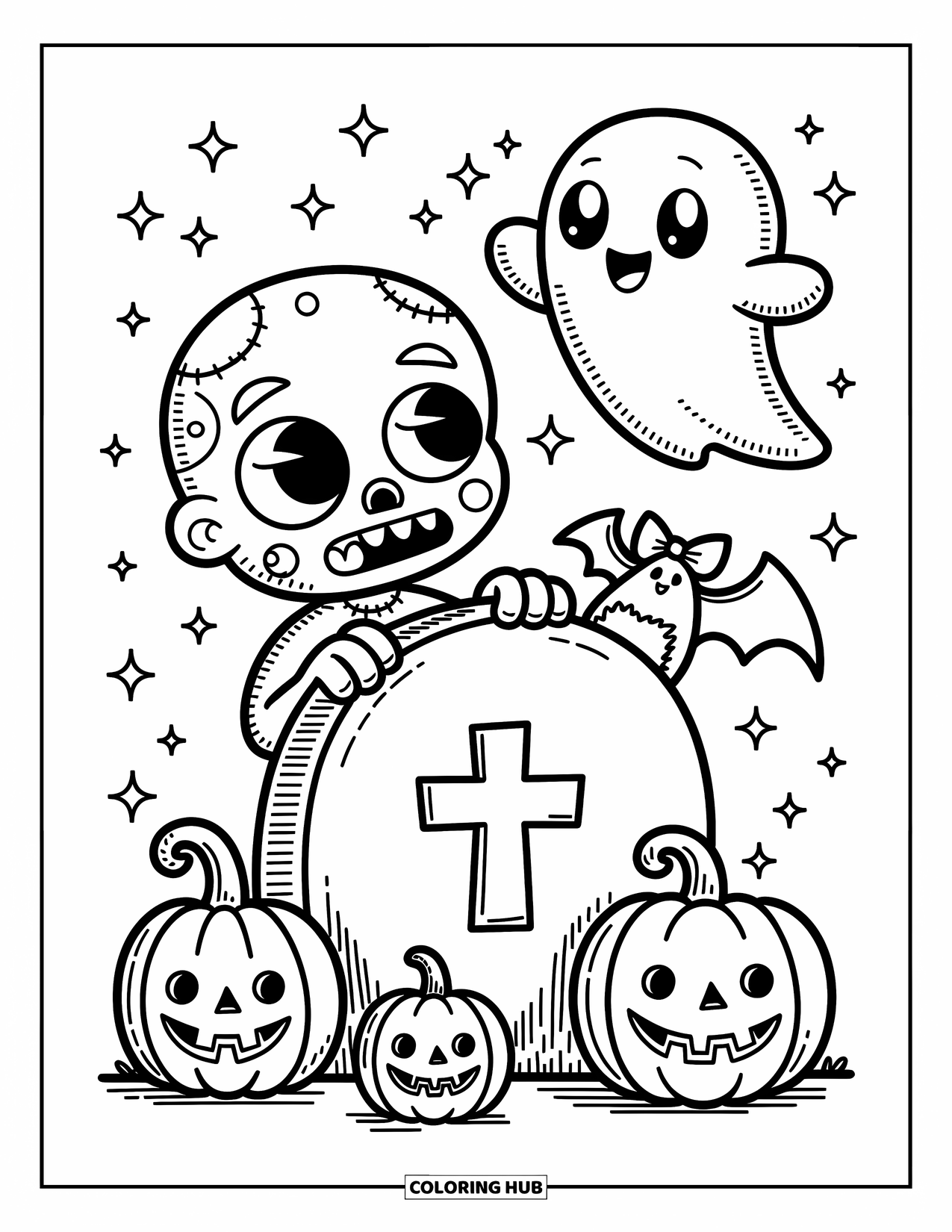 Zombie Ausmalbild für Erwachsene: Süßer Zombie späht unter Sternen von einem Grabstein hervor, begleitet von einem Geist und einer winzigen Fledermaus