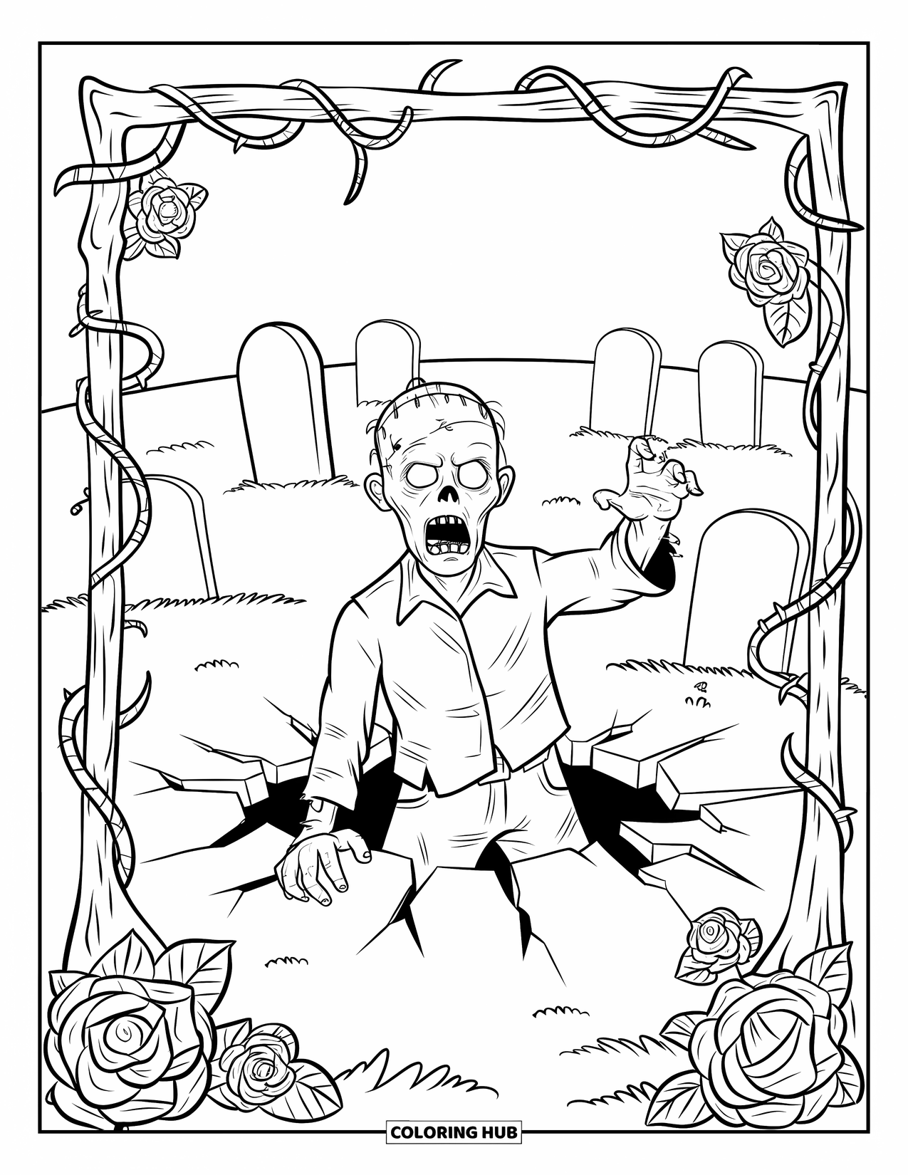 Zombie Ausmalbild für Erwachsene: Friedhofszombie taucht zwischen dornigen Rosen und alten Grabsteinen auf