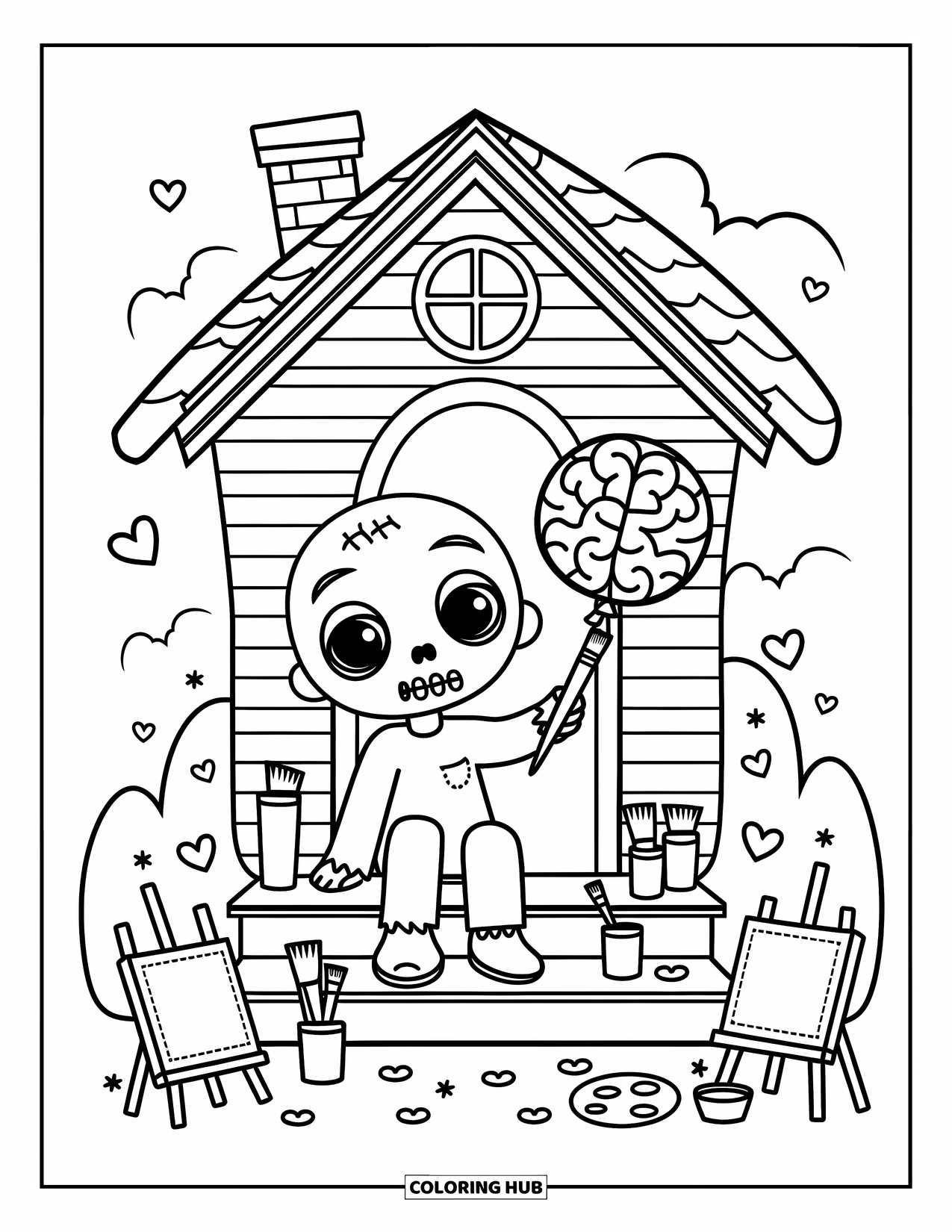 Zombie Ausmalbild für Erwachsene: Kawaii-Zombie malt auf einer Spukveranda mit einem Gehirnballon und verstreuten Kunstwerkzeugen