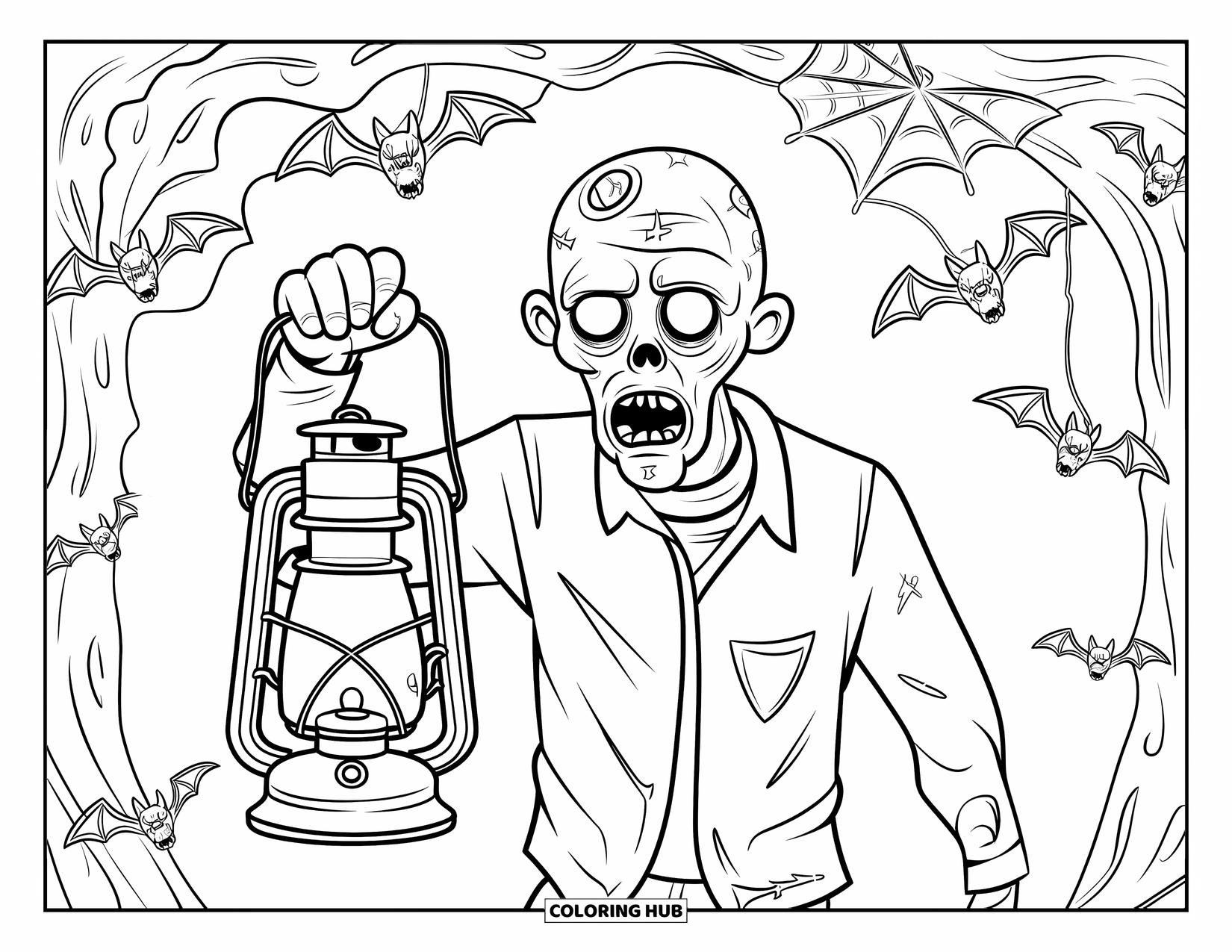 Zombie Ausmalbild für Erwachsene: Laternenhaltender Zombie steht umgeben von Fledermäusen und Spinnweben in einer dunklen Höhle