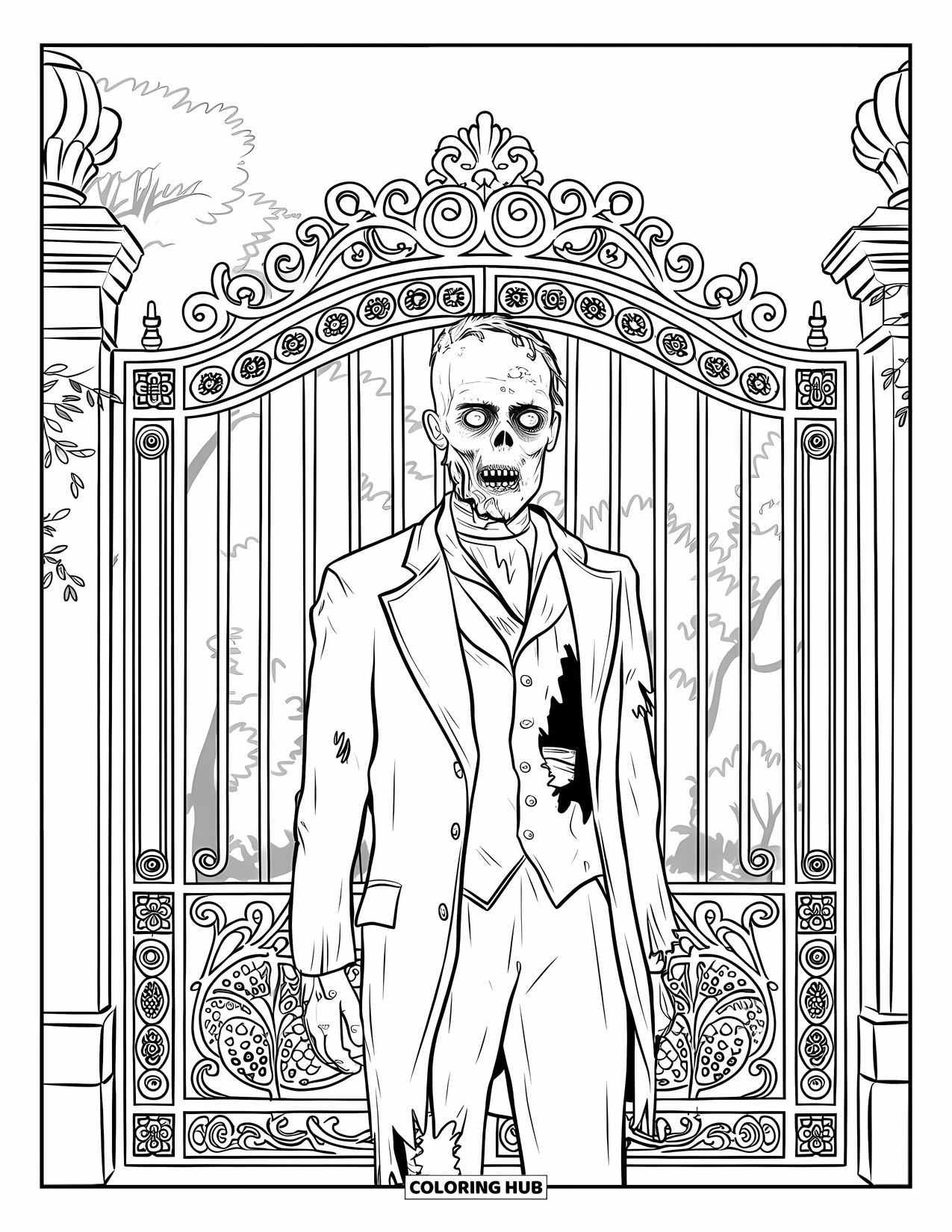 Zombie Ausmalbild für Erwachsene: Einarmiger Zombie in einem Anzug steht in der Nähe von Eisentoren auf einem nebligen Pfad