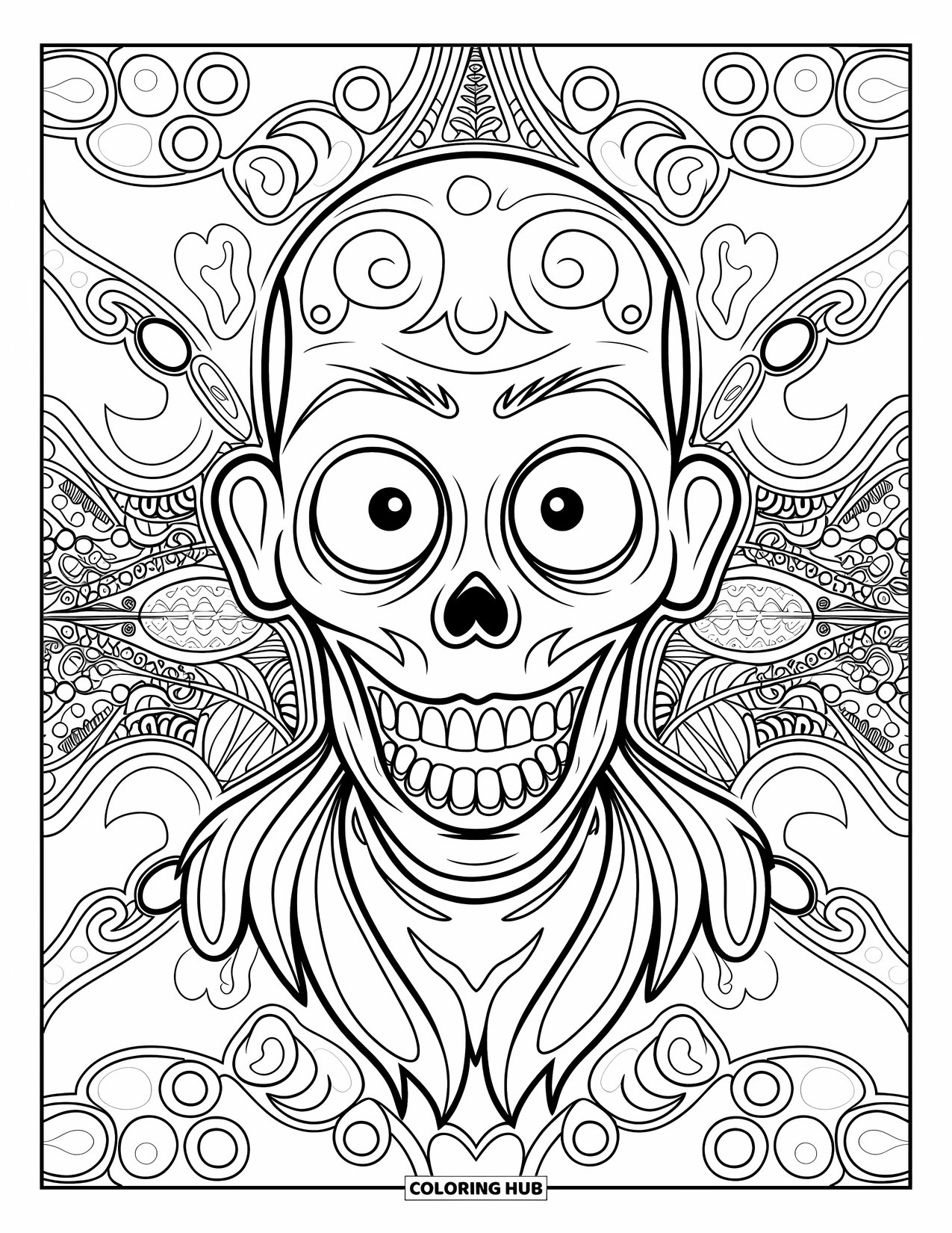 Zombie Ausmalbild für Erwachsene: Lächelndes Zombiegesicht, umgeben von künstlerischen Mustern, bietet eine entspannende Szene