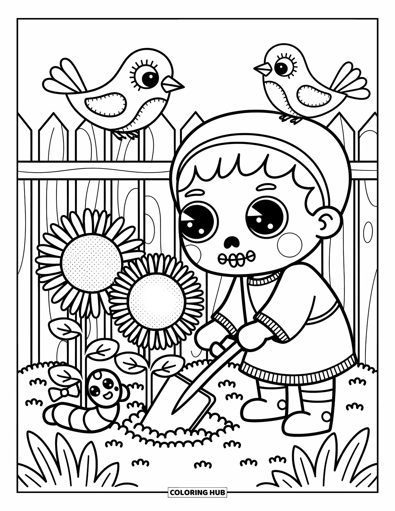 Zombie Ausmalbild für Erwachsene: Lächelnder Zombie pflanzt Sonnenblumen mit einem winzigen Wurm und Vögeln in der Nähe