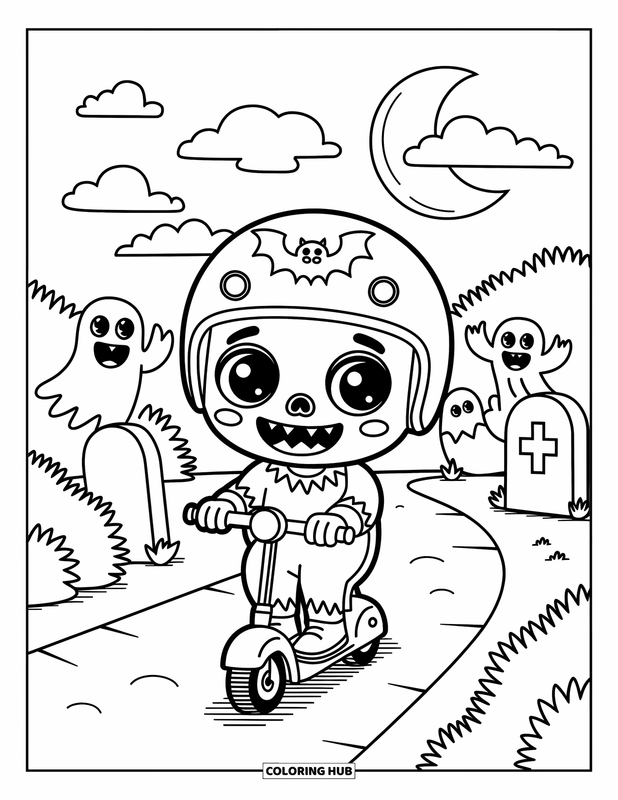 Zombie Ausmalbild für Erwachsene: Lächelnder Zombie fährt mit einem Roller durch einen Friedhof, während Geister hinter Büschen winken