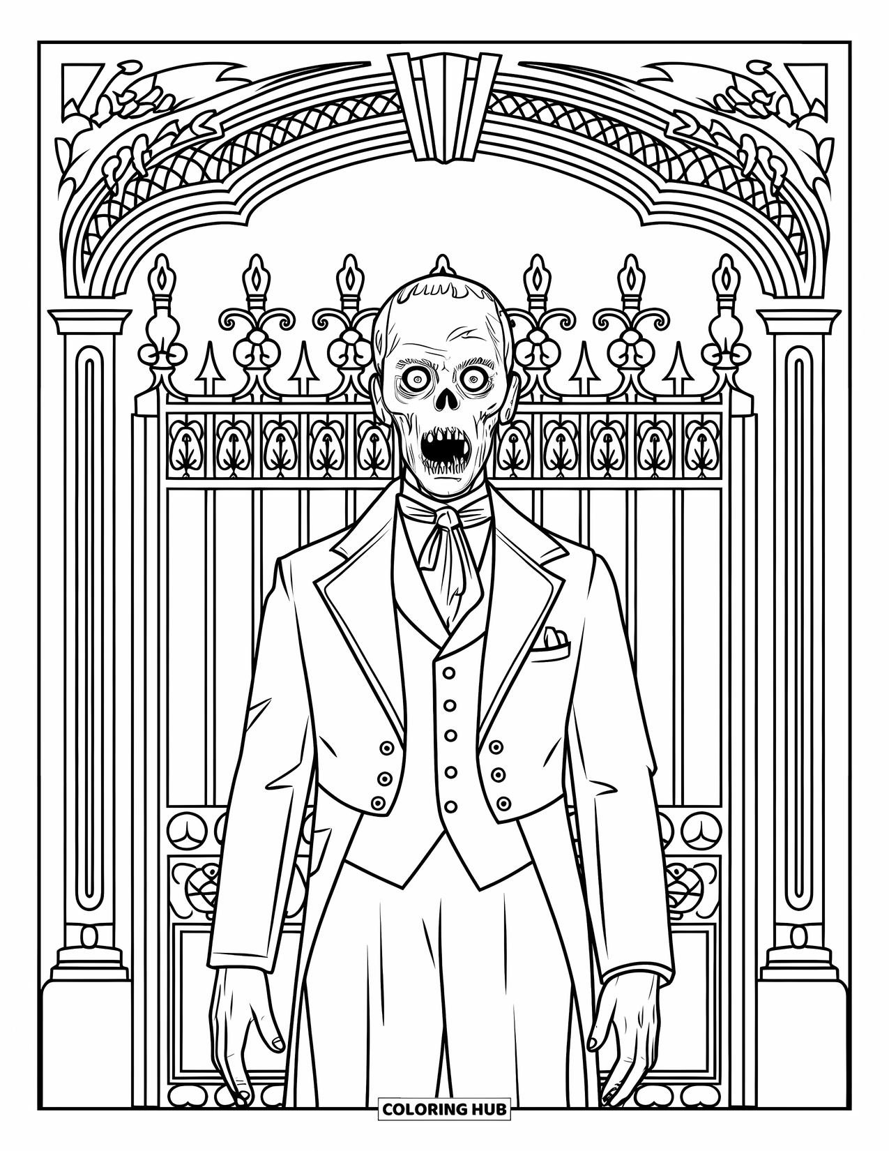 Zombie Ausmalbild für Erwachsene: Viktorianischer Zombie steht stolz vor kunstvollen Eisentoren