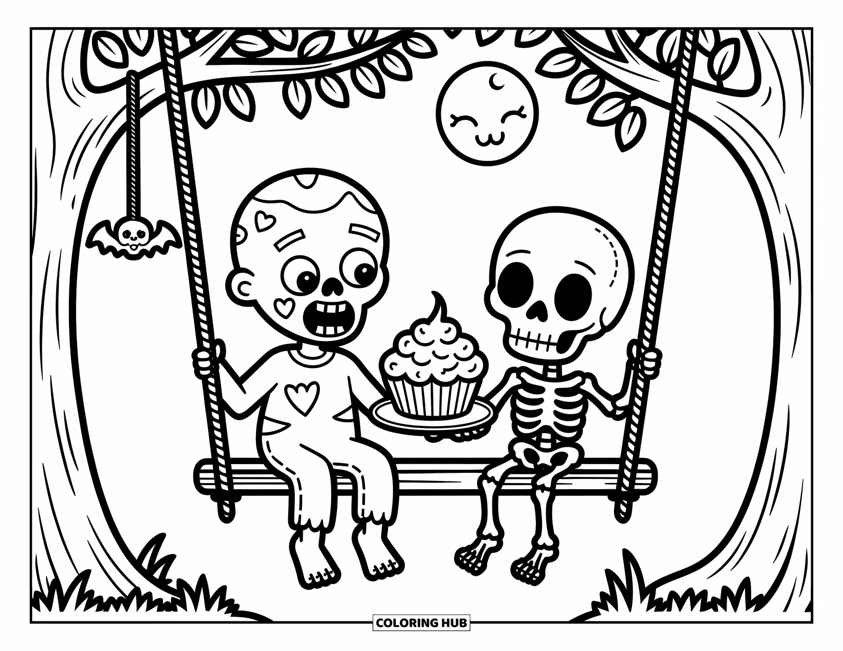Zombie Ausmalbild für Erwachsene: Zombie und Skelett teilen sich Gehirn-Cupcakes auf einer Baumschaukel unter einem schläfrigen Mond