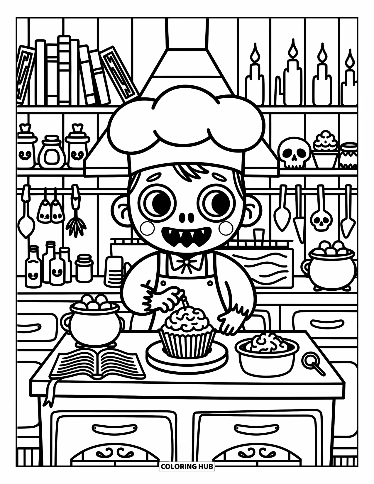 Zombie Ausmalbild für Erwachsene: Zombiekoch backt Gehirn-Cupcakes in einer Spukküche voller Tränke und hängender Kräuter