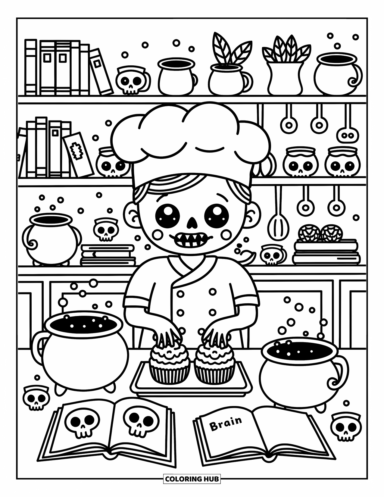 Zombie Ausmalbild für Erwachsene: Zombiekoch mischt Cupcakes zwischen Tränken, Kesseln und leuchtenden Kerzen in einer gemütlichen Küche