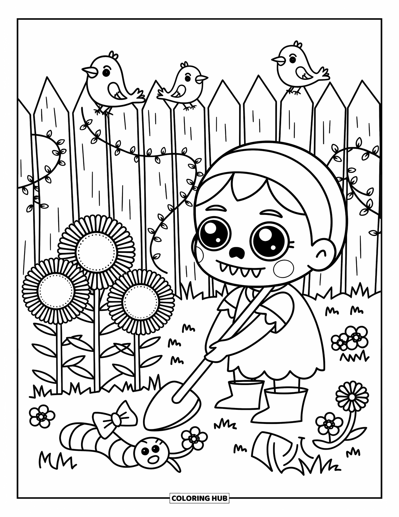 Zombie Ausmalbild für Erwachsene: Zombie-Gärtner pflegt Sonnenblumen mit einem wurmgebundenen Wurm und genähten Vögeln auf einem gemütlichen Friedhof