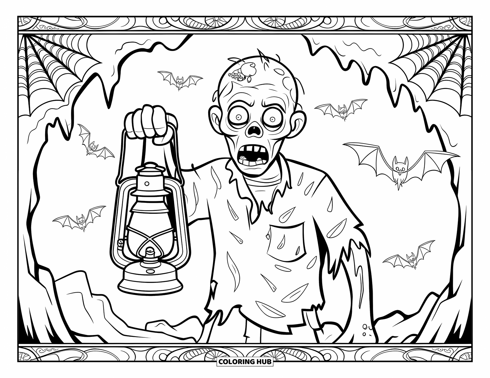 Zombie Ausmalbild für Erwachsene: Zombie umklammert eine Laterne in der Nähe von Stalaktiten und Fledermäusen in einer dunklen, felsigen Höhle