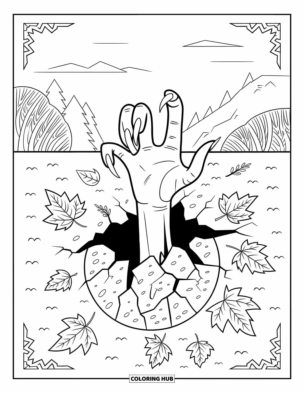 Zombie Ausmalbild für Erwachsene: Zombiehand erhebt sich durch rissige Erde mit verstreuten gemusterten Blättern