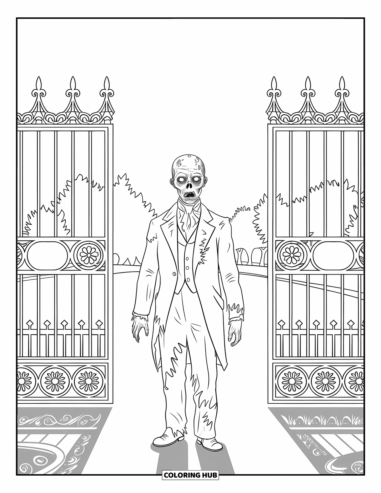 Zombie Ausmalbild für Erwachsene: Zombie in einem zerfetzten Anzug posiert vor komplizierten Toren und einer ruhigen Landschaft