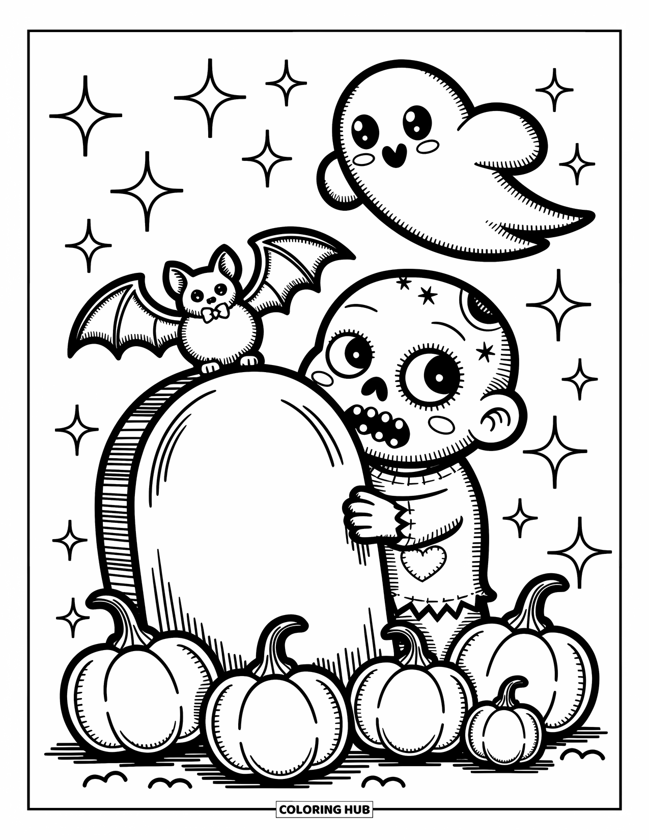 Zombie Ausmalbild für Erwachsene: Zombie späht unter funkelnden Sternen mit einem Geist und einer entzückenden Fledermaus von einem Grabstein hervor