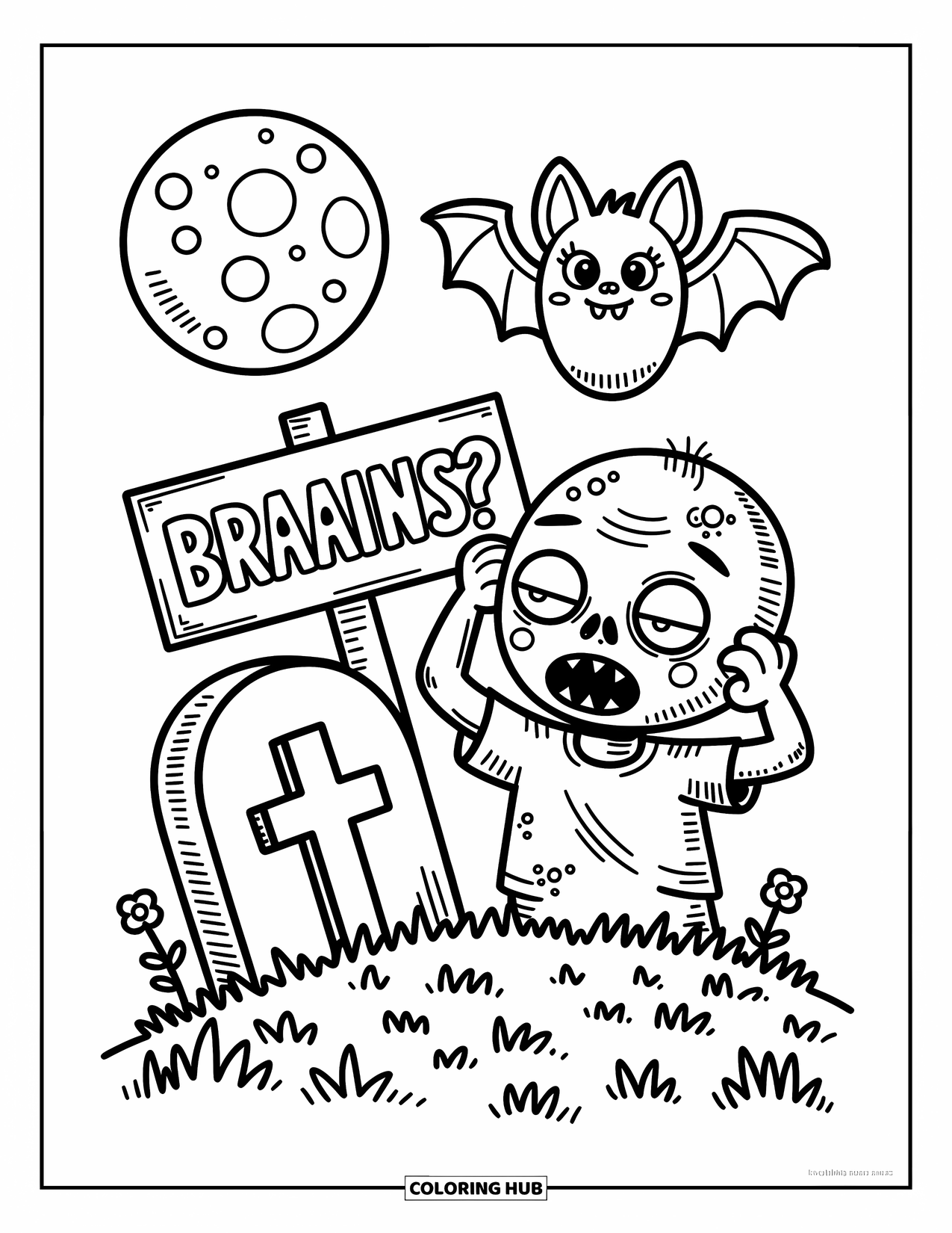 Zombie Ausmalbild für Erwachsene: Zombie kratzt sich am Kopf neben einem „Braaiins?“ Schild mit einer Fledermaus und einem blumigen Grab