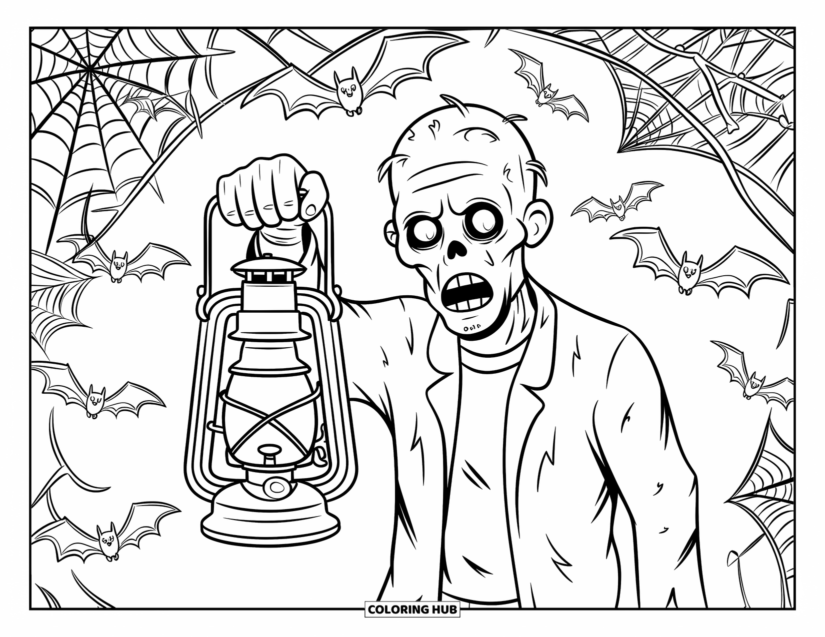 Zombie Ausmalbild für Erwachsene: Zombie mit einer Laterne leuchtet zwischen Fledermäusen und Netzen in einer gruseligen Höhle