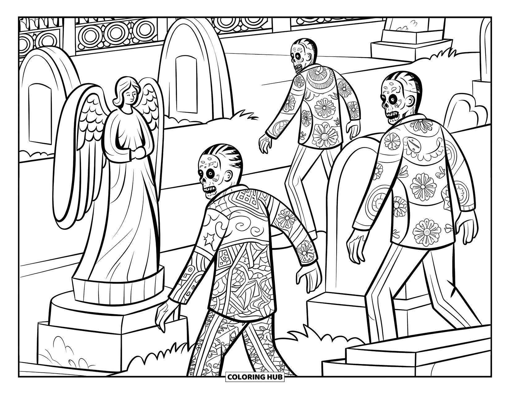 Zombie Ausmalbild für Erwachsene: Zombies mit gemusterter Kleidung erheben sich zwischen Engeln und kunstvollen Friedhofsdesigns