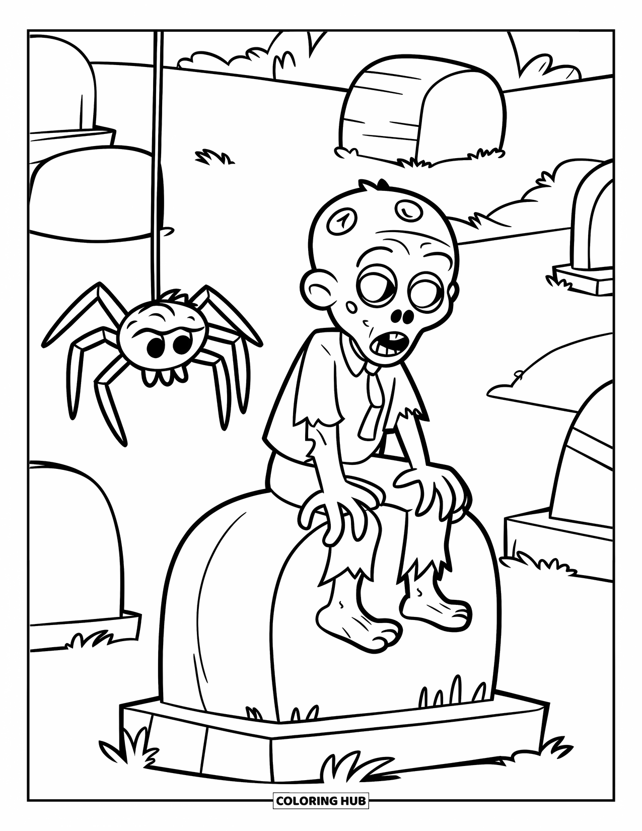 Zombie Ausmalbild für Kinder: Fröhlicher Zombie sitzt auf einem Grabstein, während eine Spinne herabschwingt