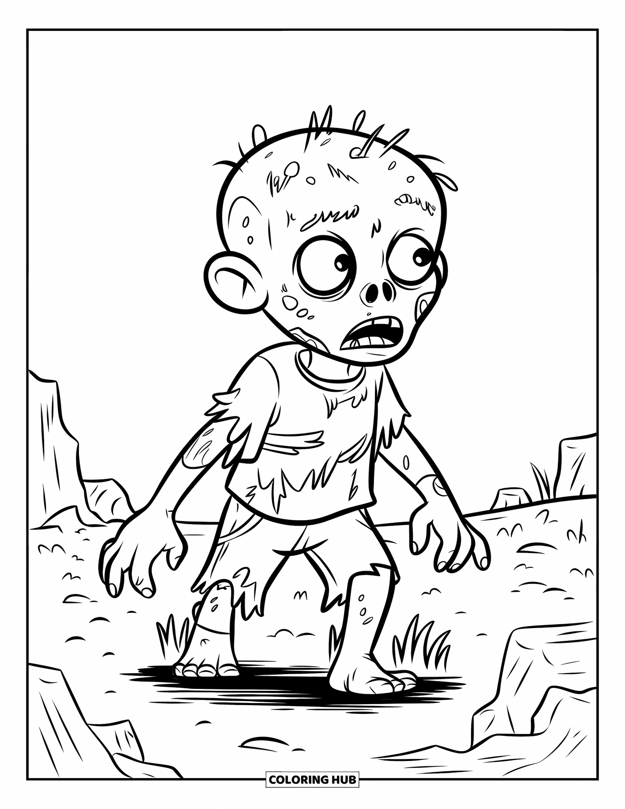 Zombie Ausmalbild für Kinder: Schmutziger Zombie mit zerrissener Kleidung erhebt sich aus felsigem Boden in einem kargen Feld