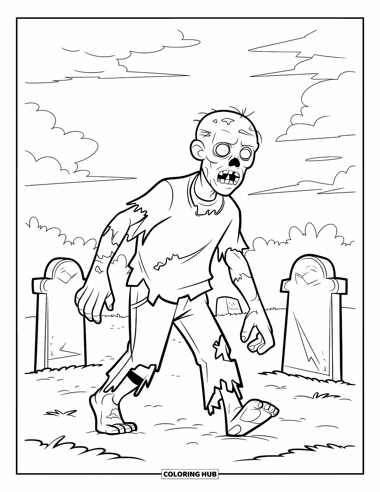Zombie Ausmalbild für Kinder: Hohlwangiger Zombie geht mit weit aufgerissenen Augen durch einen nebligen Friedhof