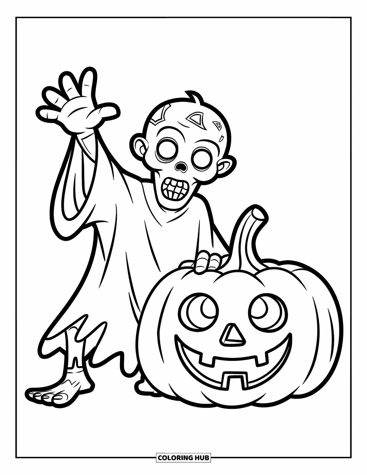Zombie Ausmalbild für Kinder: Als Geist verkleideter Zombie winkt neben einem fröhlichen Kürbis