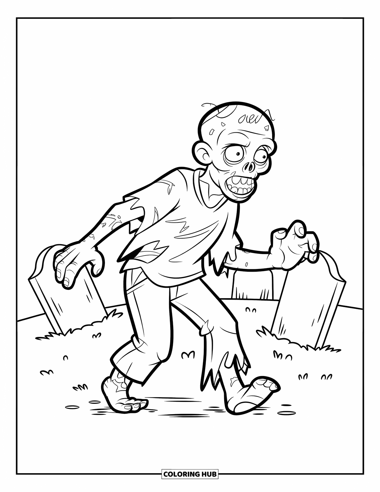 Zombie Ausmalbild für Kinder: Grinsender Zombie stolpert mit zerrissenem Hemd und Hose durch Grabsteine