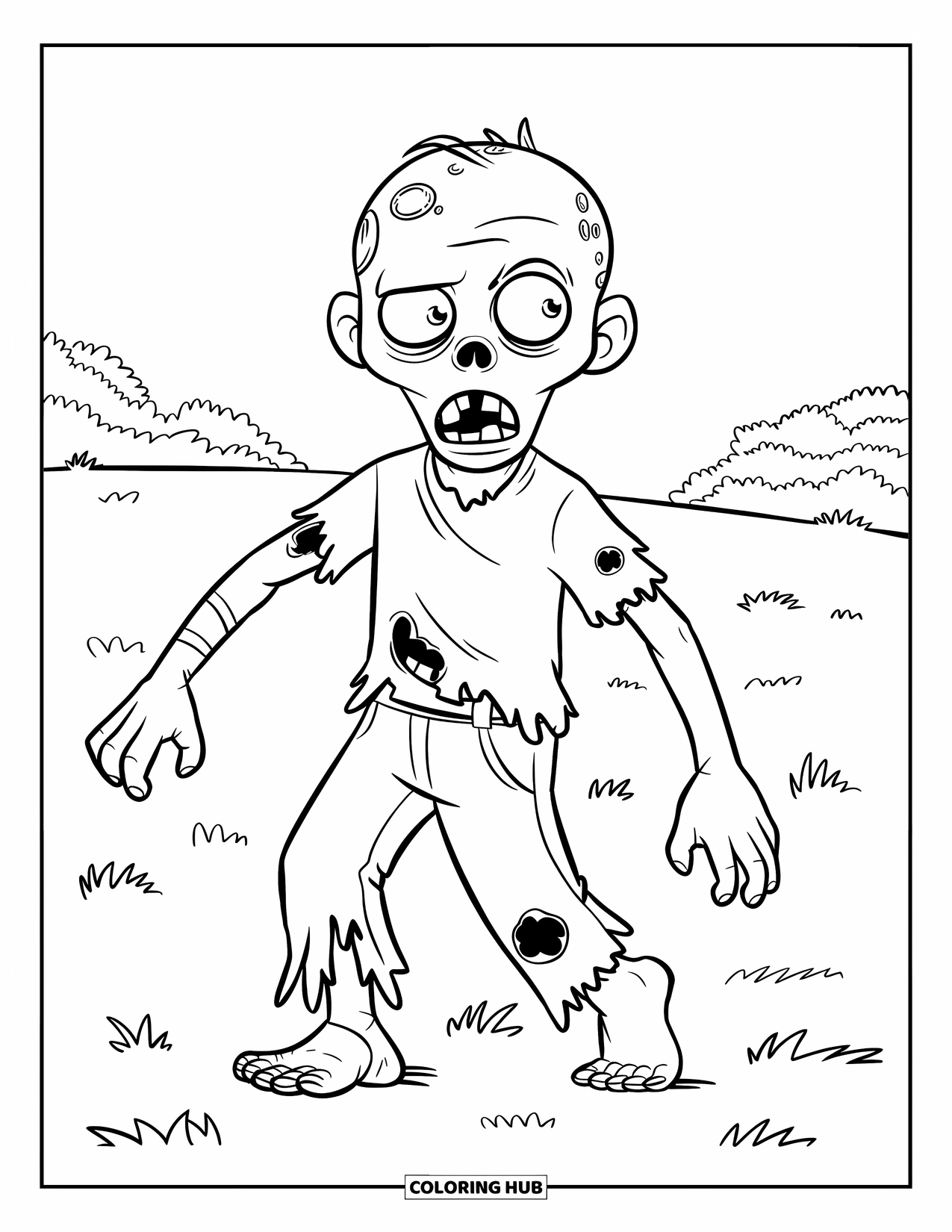 Zombie Ausmalbild für Kinder: Fröhlicher Zombie geht mit ausgestreckten Armen durch ein Feld mit Bäumen