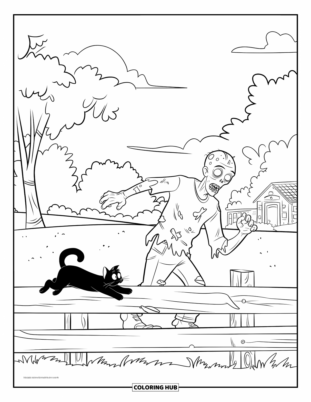 Zombie Ausmalbild für Kinder: Hinkender Zombie jagt eine buschige Katze über einen Zaun in der Nähe eines ruhigen Dorfes