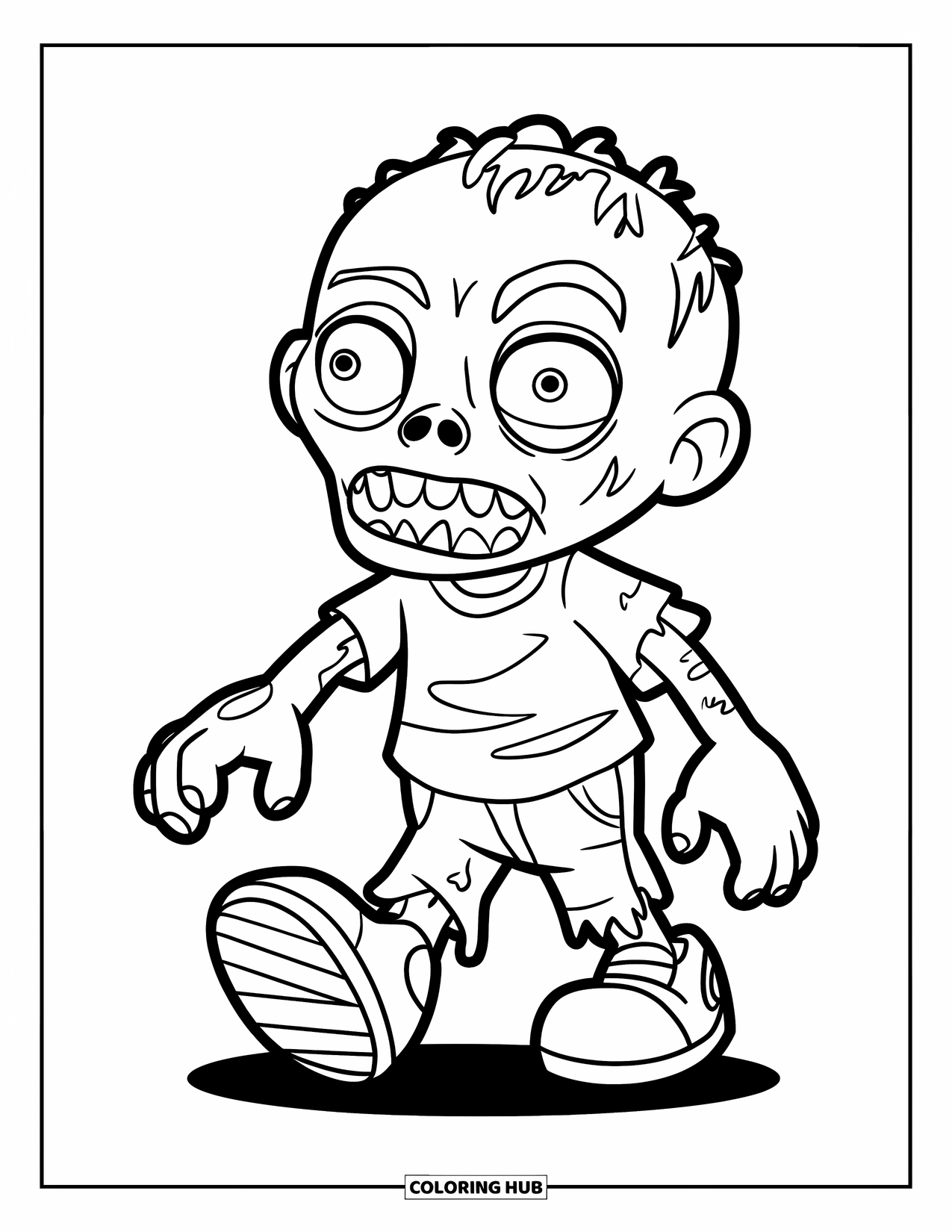Zombie Ausmalbild für Kinder: Kleiner Zombie mit riesigen Schuhen schlendert langsam und grinst breit