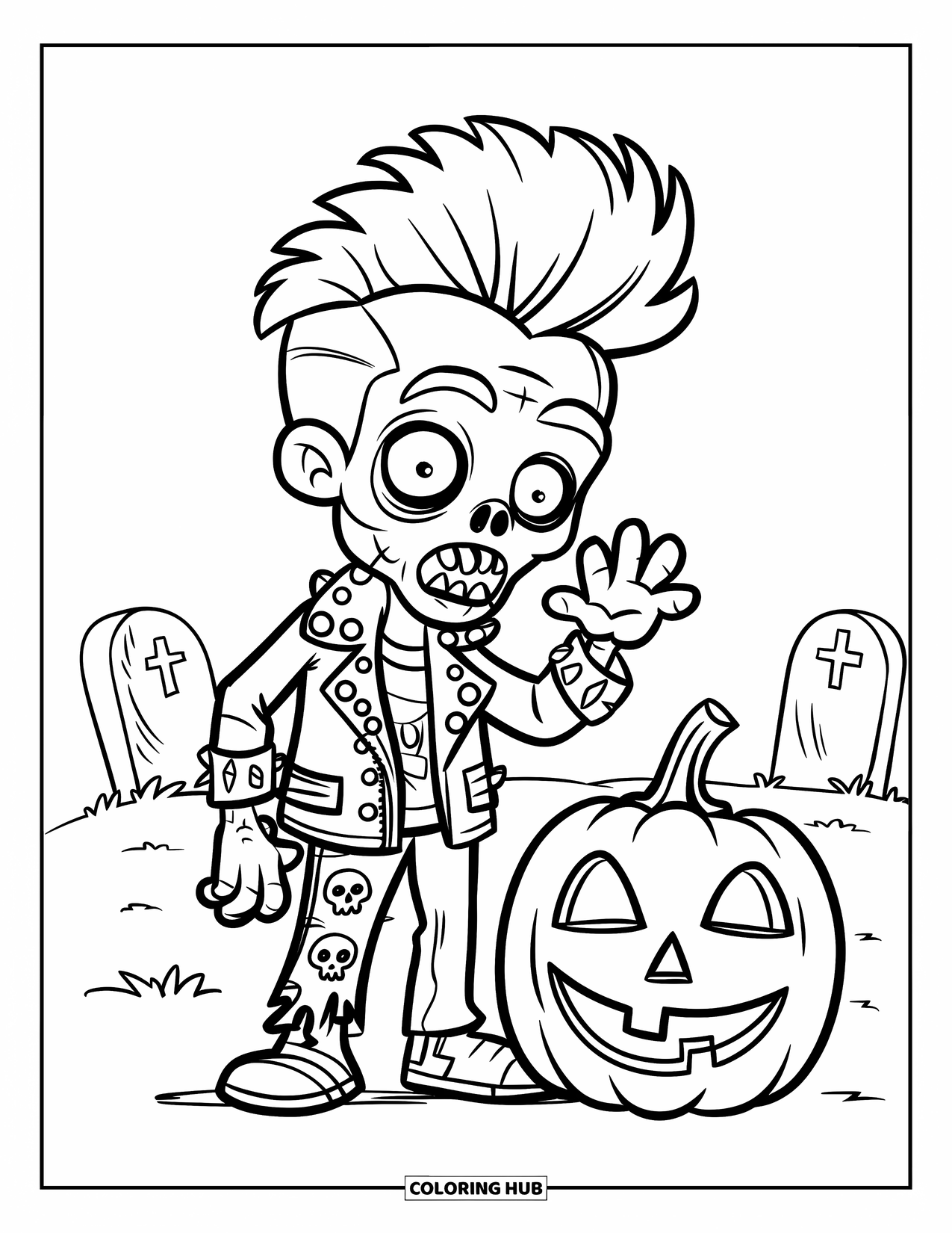Zombie Ausmalbild für Kinder: Punk-Zombie in einer Lederjacke winkt neben einem Kürbis auf einem gruseligen Friedhof
