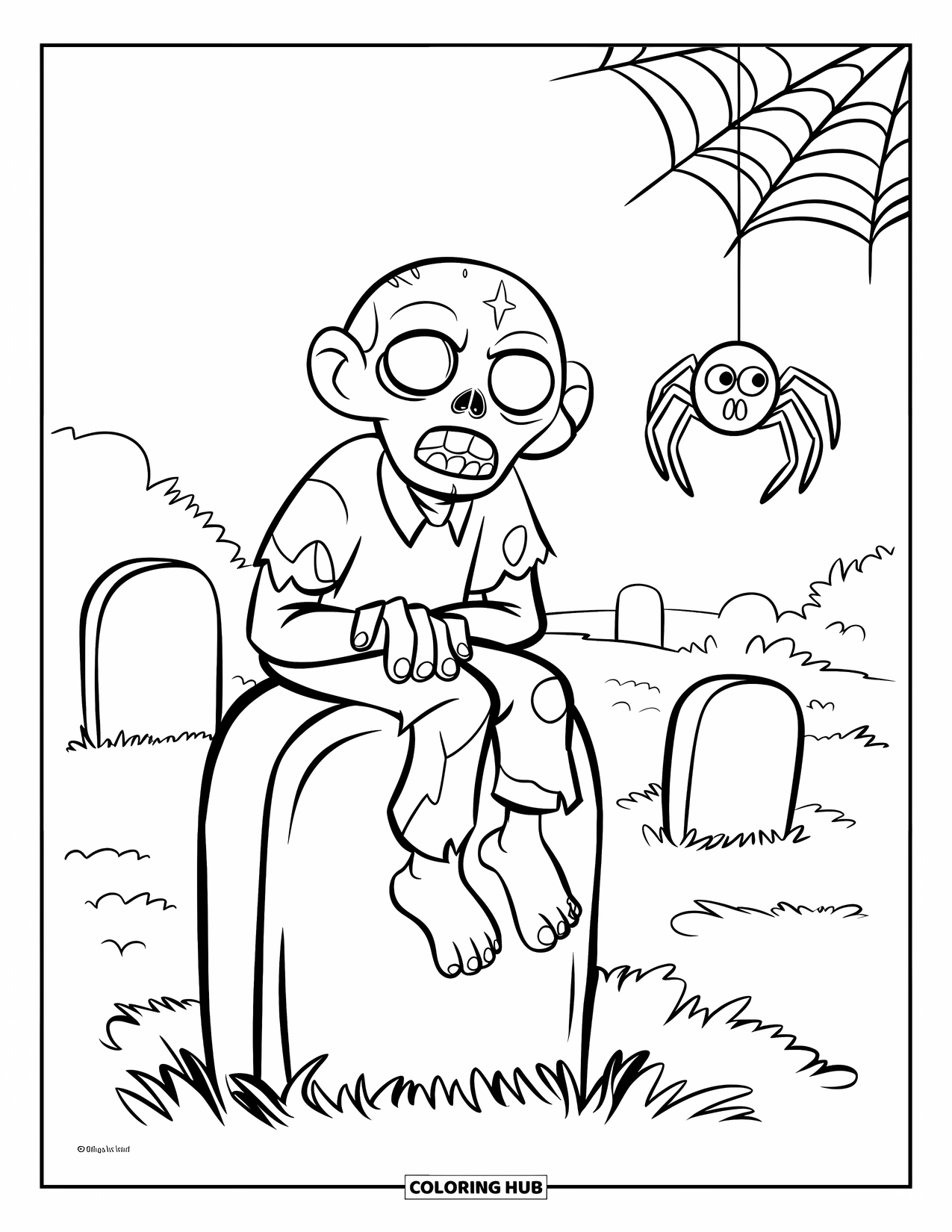 Zombie Ausmalbild für Kinder: Einfacher Zombie sitzt ruhig auf einem kleinen Grabstein mit einer hängenden Spinne