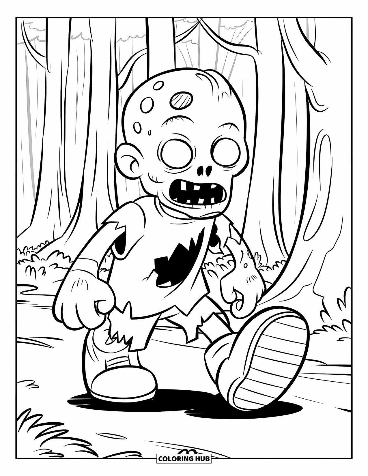 Zombie Ausmalbild für Kinder: Kleiner Zombie mit einem Grinsen und riesigen Schuhen geht durch einen ruhigen Wald