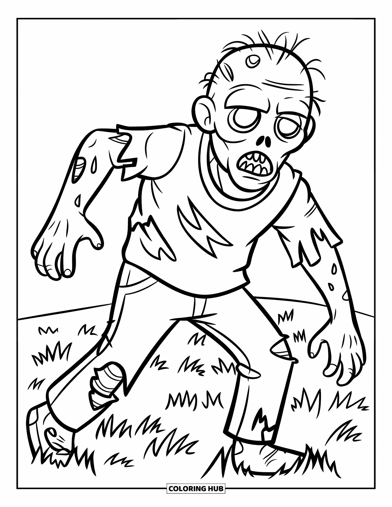 Zombie Ausmalbild für Kinder: Lächelnder Zombie geht mit verspielt ausgestreckten Armen durch ein grasbewachsenes Feld