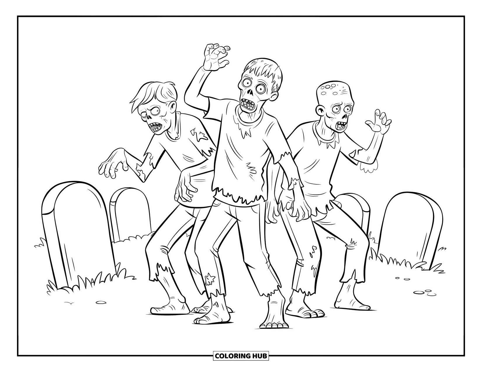Zombie Ausmalbild für Kinder: Drei Zombies tanzen die Conga auf einem Friedhof mit Grabsteinen