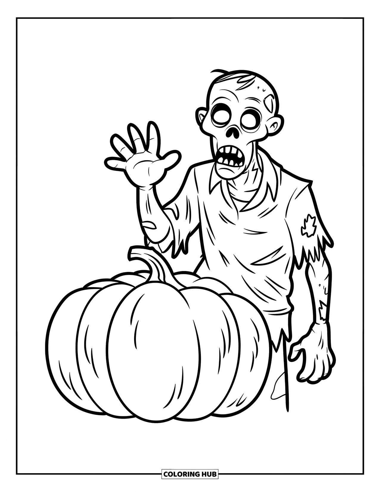 Zombie Ausmalbild für Kinder: Winkender Zombie steht neben einem Kürbis mit einem fröhlichen Grinsen