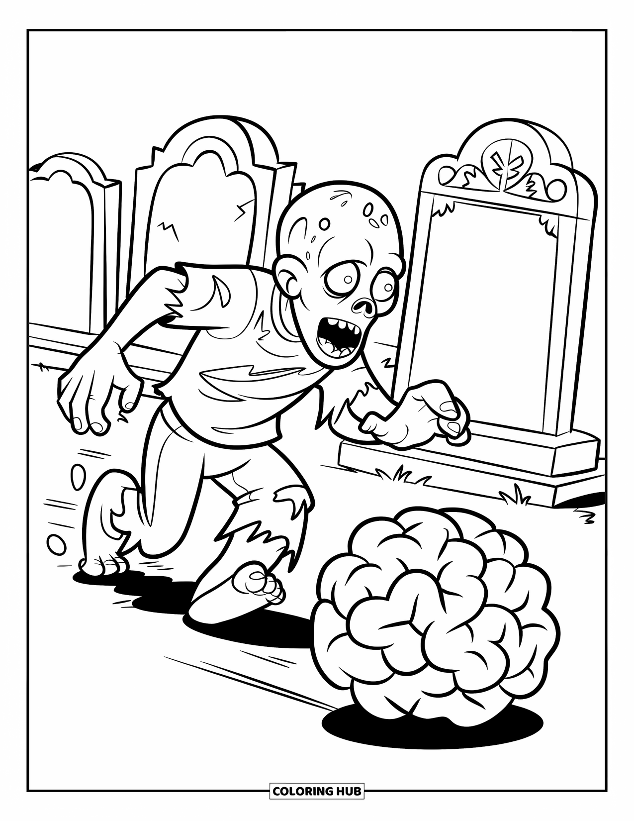 Zombie Ausmalbild für Kinder: Zombie mit großen Augen jagt ein Gehirn durch einen gruseligen Friedhof