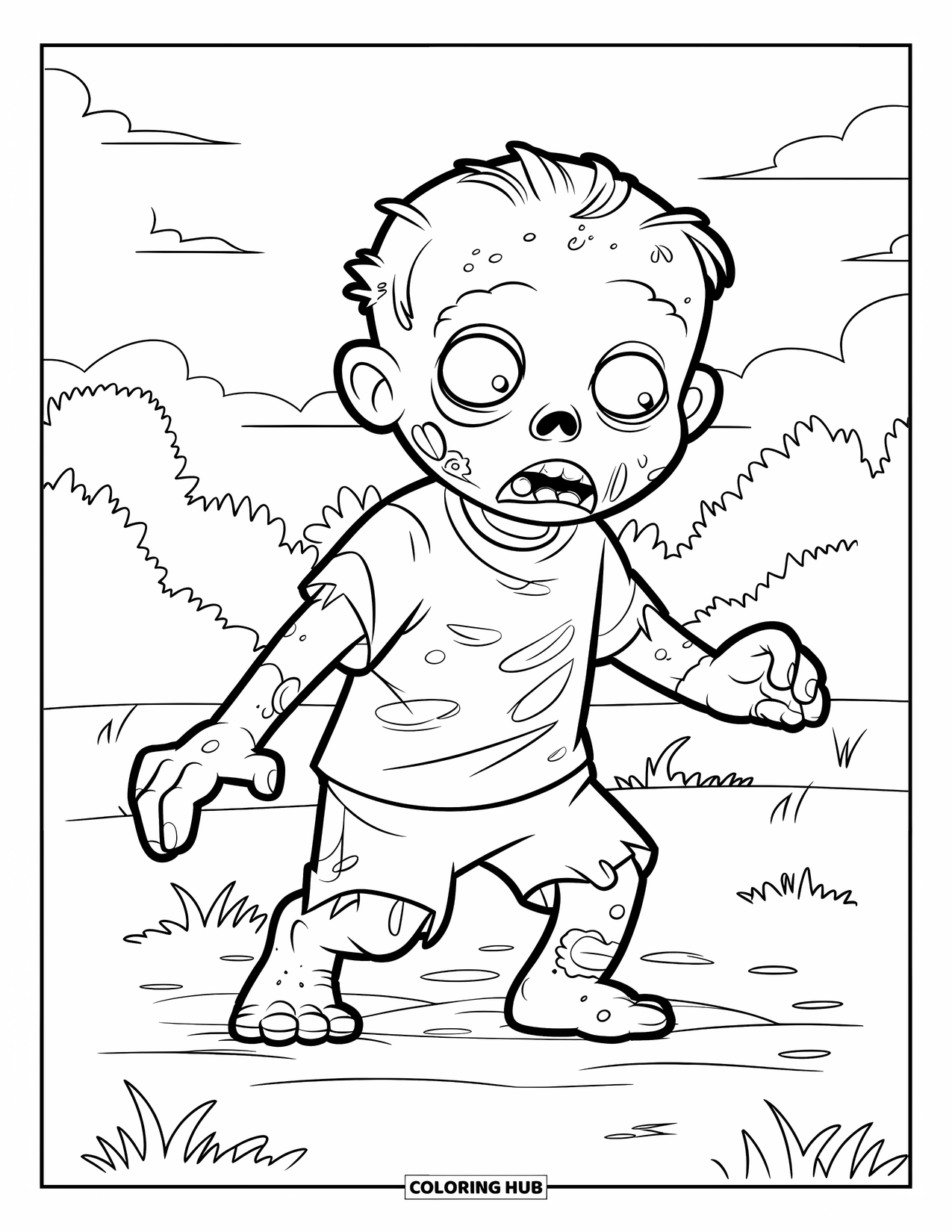 Zombie Ausmalbild für Kinder: Junger Zombie kriecht in einem grasbewachsenen Gebiet mit Bäumen in der Nähe aus dem Boden