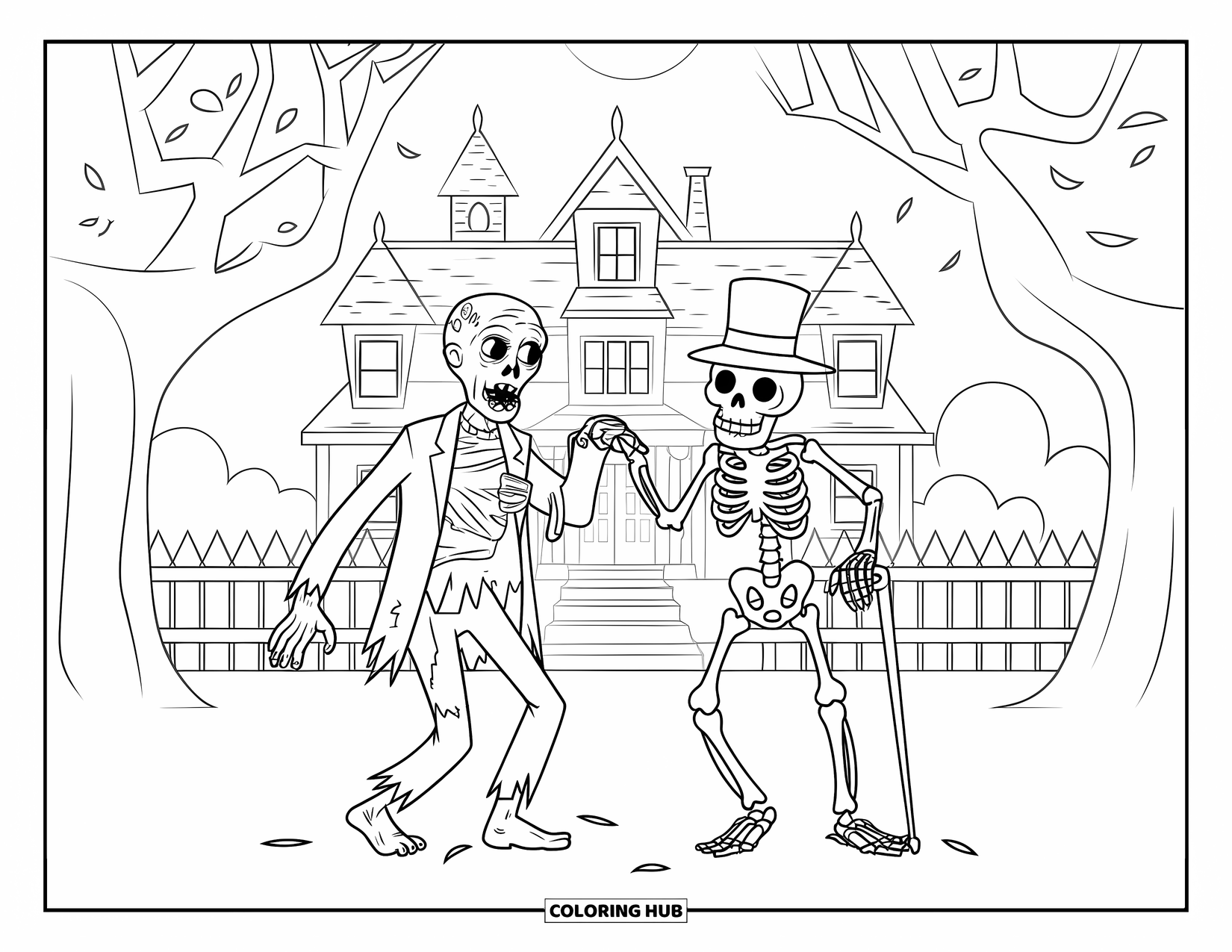 Zombie Ausmalbild für Kinder: Zombie und Skelett mit Zylinder tanzen in der Nähe eines gruseligen Herrenhauses