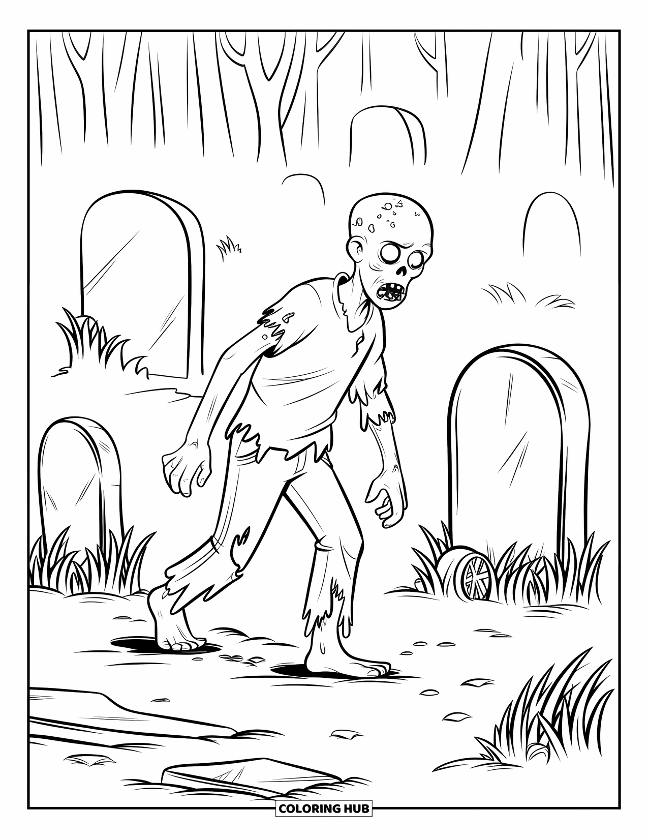 Zombie Ausmalbild für Kinder: Zombie schleift ein Bein durch hohes Gras in der Nähe alter, zerbrochener Grabsteine