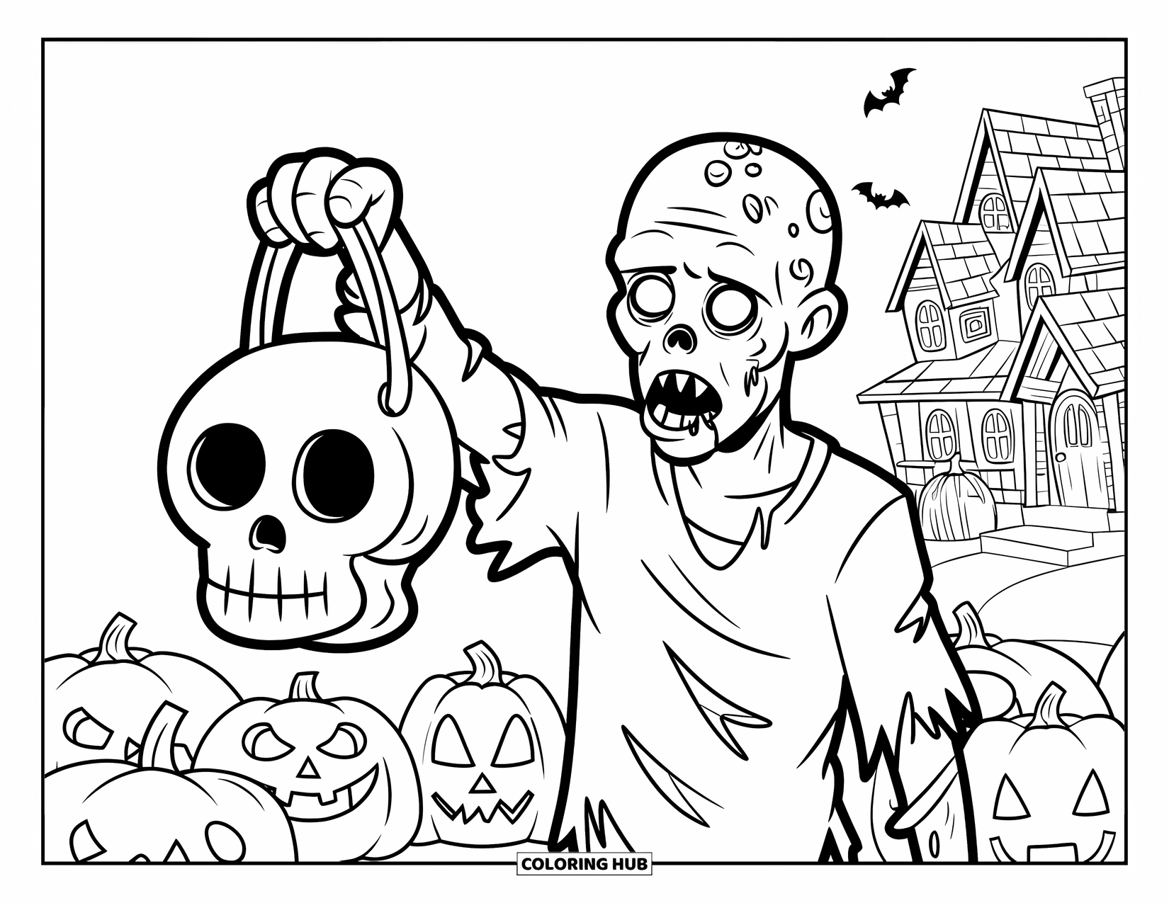 Zombie Ausmalbild für Kinder: Zombie hält eine Schädeltasche in der Nähe von Kürbissen und einem Spukhaus
