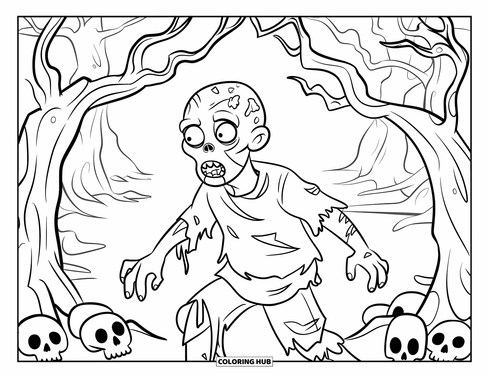 Zombie Ausmalbild für Kinder: Zombie in zerfetzter Kleidung steht unter verdrehten Ästen mit Schädeln in der Nähe