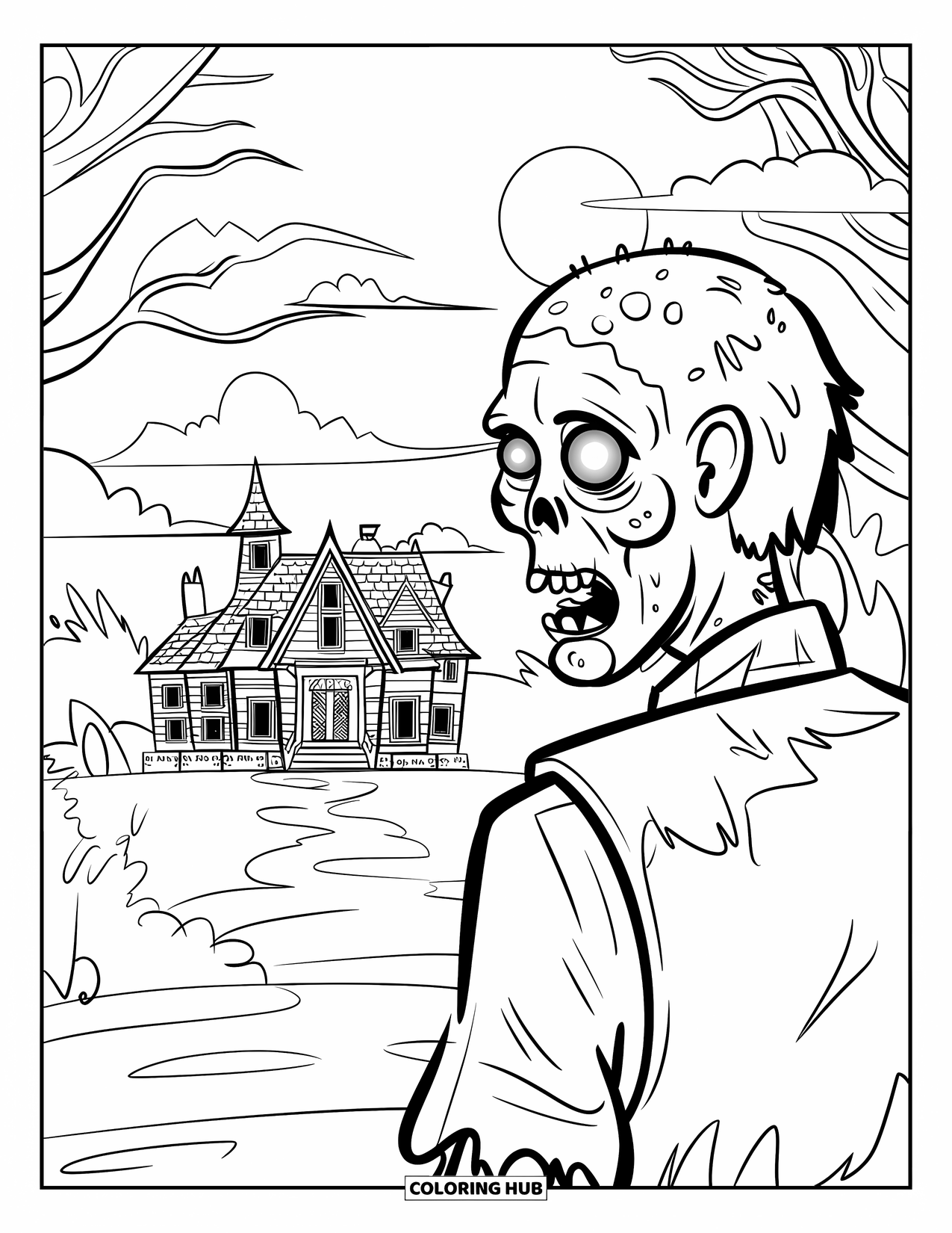 Zombie Ausmalbild für Kinder: Zombie in Weste starrt auf ein Herrenhaus unter einem leuchtenden Mond und bewölktem Himmel