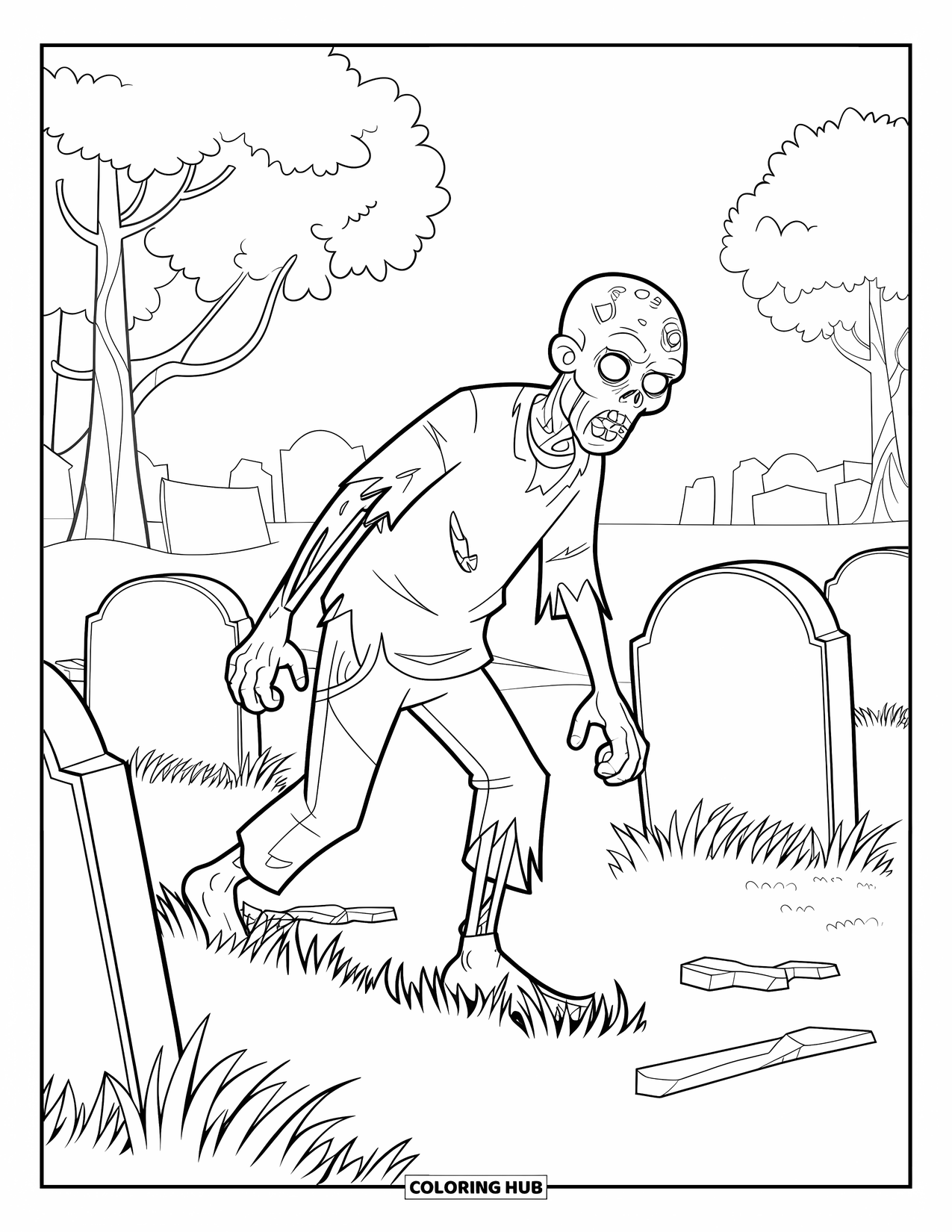 Zombie Ausmalbild für Kinder: Zombie humpelt über Gras in der Nähe alter Gräber und einsamer Bäume