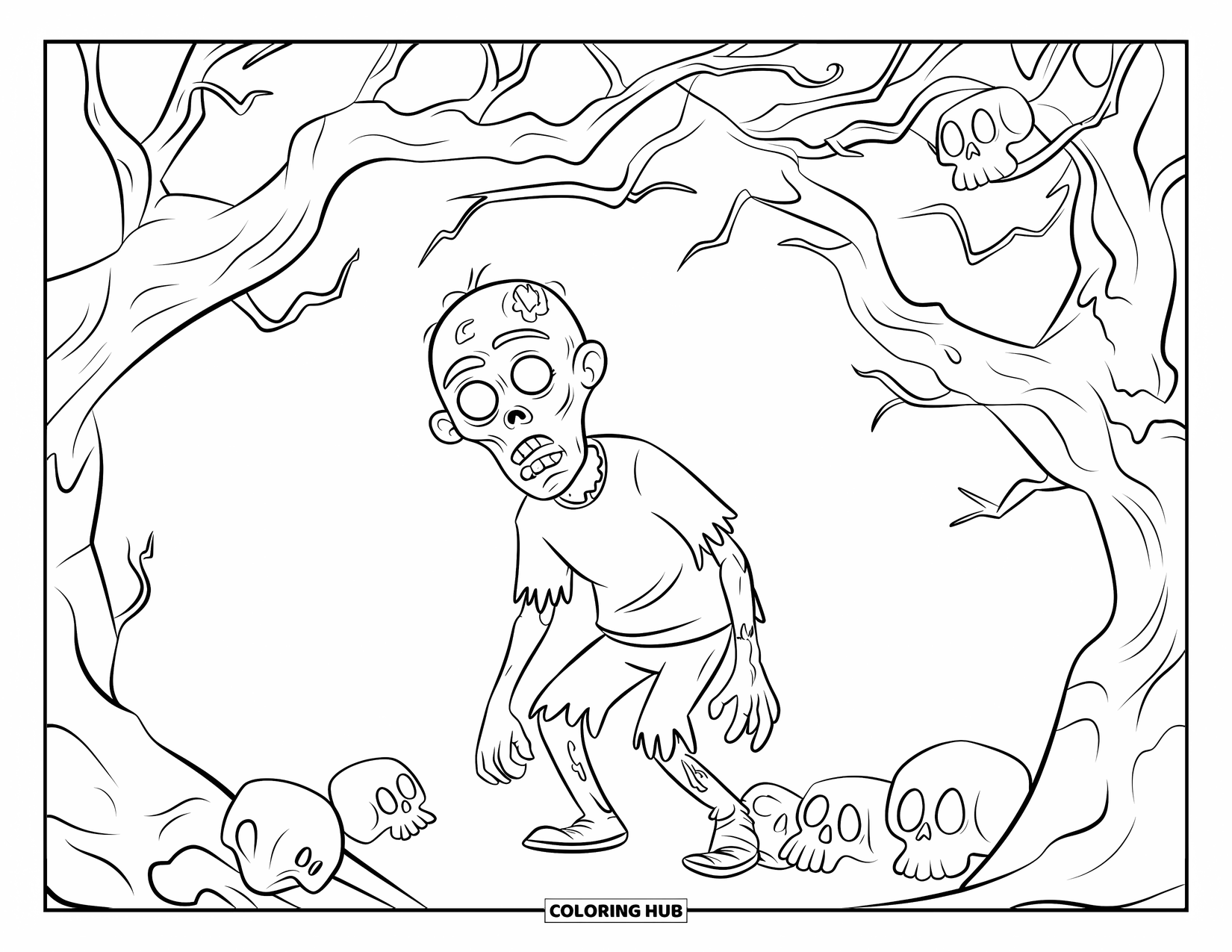 Zombie Ausmalbild für Kinder: Zombie lauert unter verdrehten Ästen, umgeben von verstreuten Schädeln