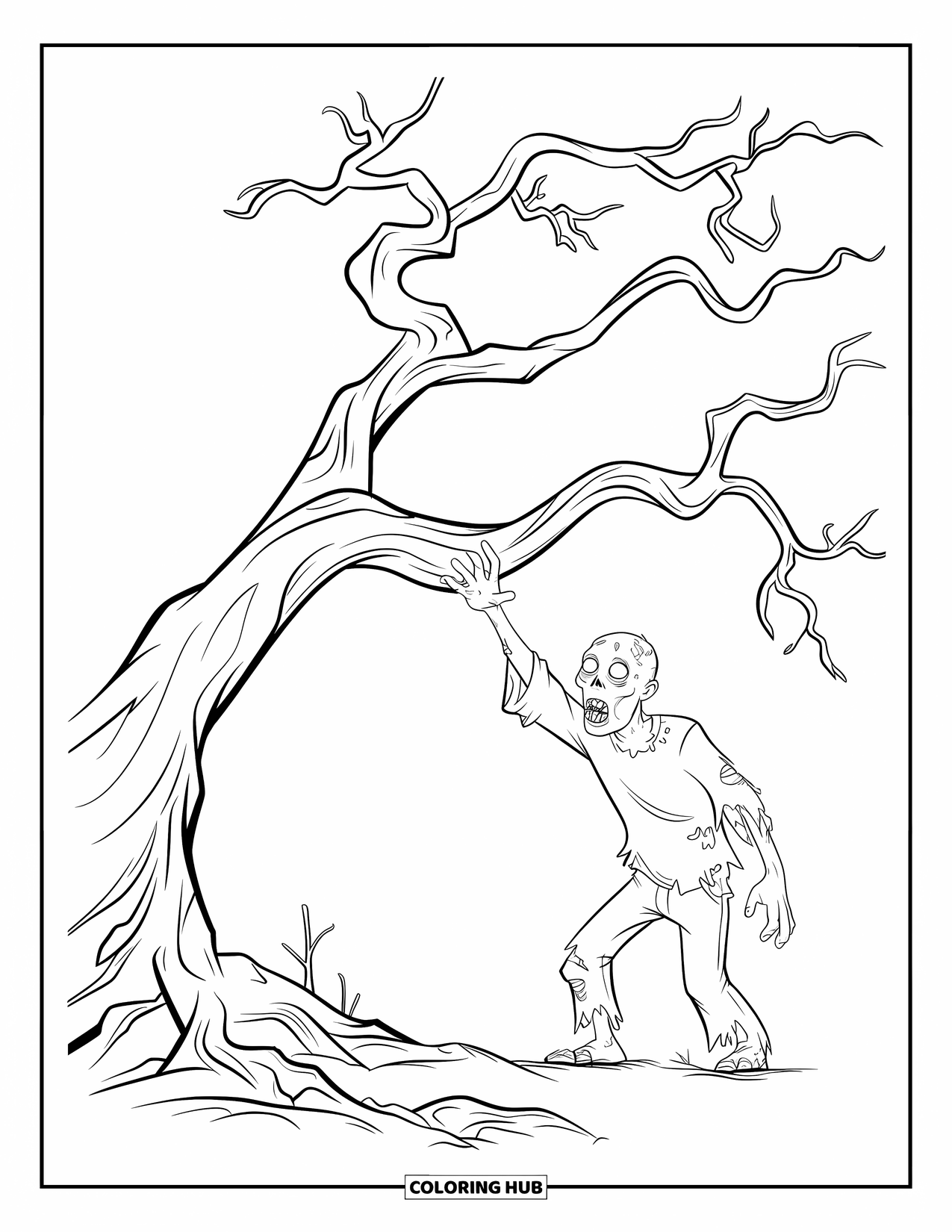 Zombie Ausmalbild für Kinder: Zombie streckt sich unter einem krummen Baum in einer leeren Landschaft aus