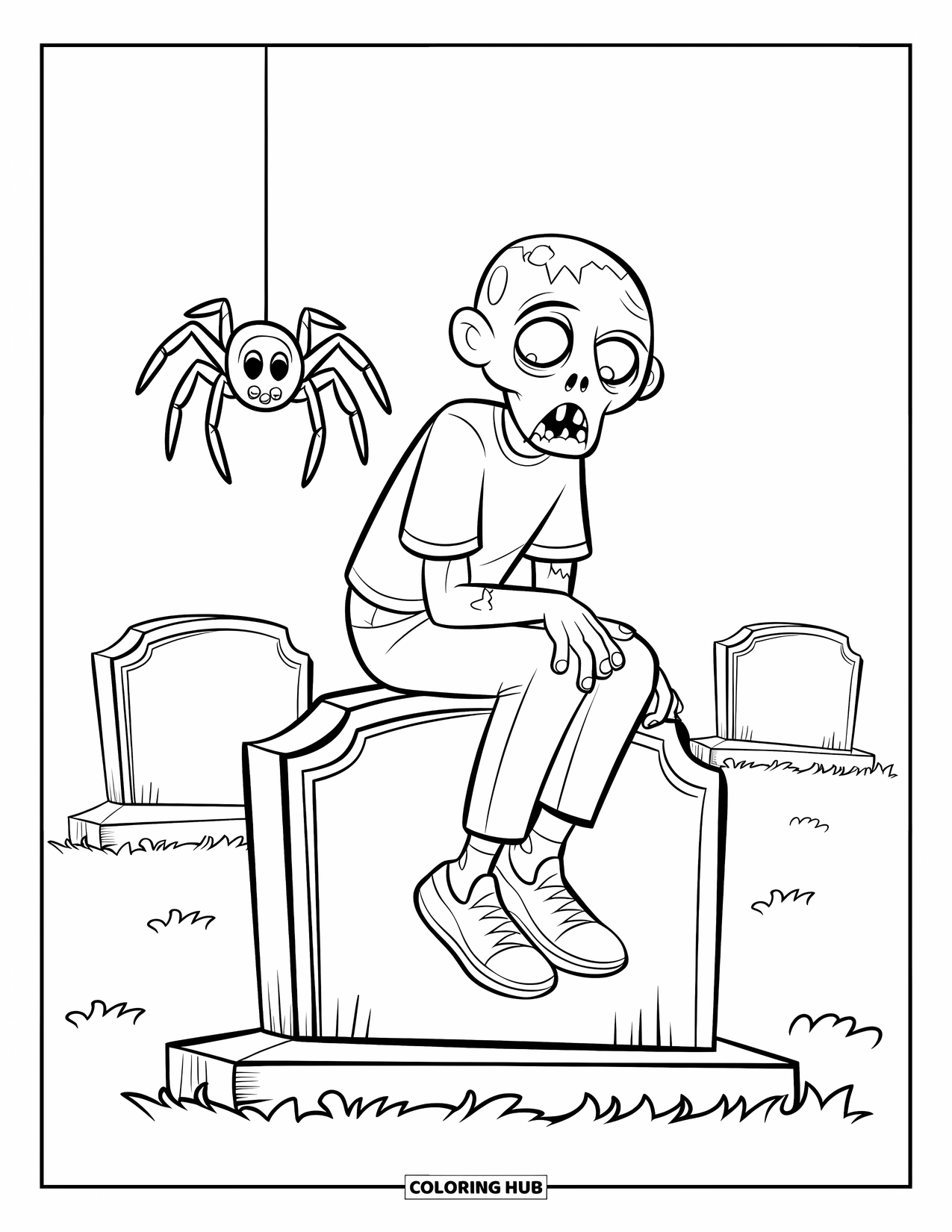 Zombie Ausmalbild für Kinder: Zombie entspannt sich auf einem Grabstein, während eine Spinne darüber baumelt