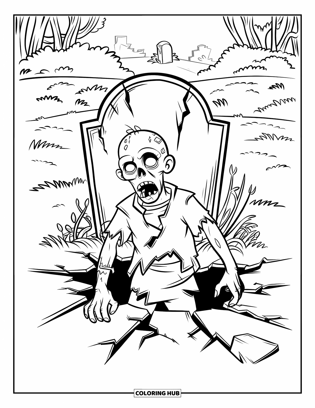 Zombie Ausmalbild für Kinder: Zombie steigt aus einem zerbrochenen Grab vor einem zerbrochenen Grabstein