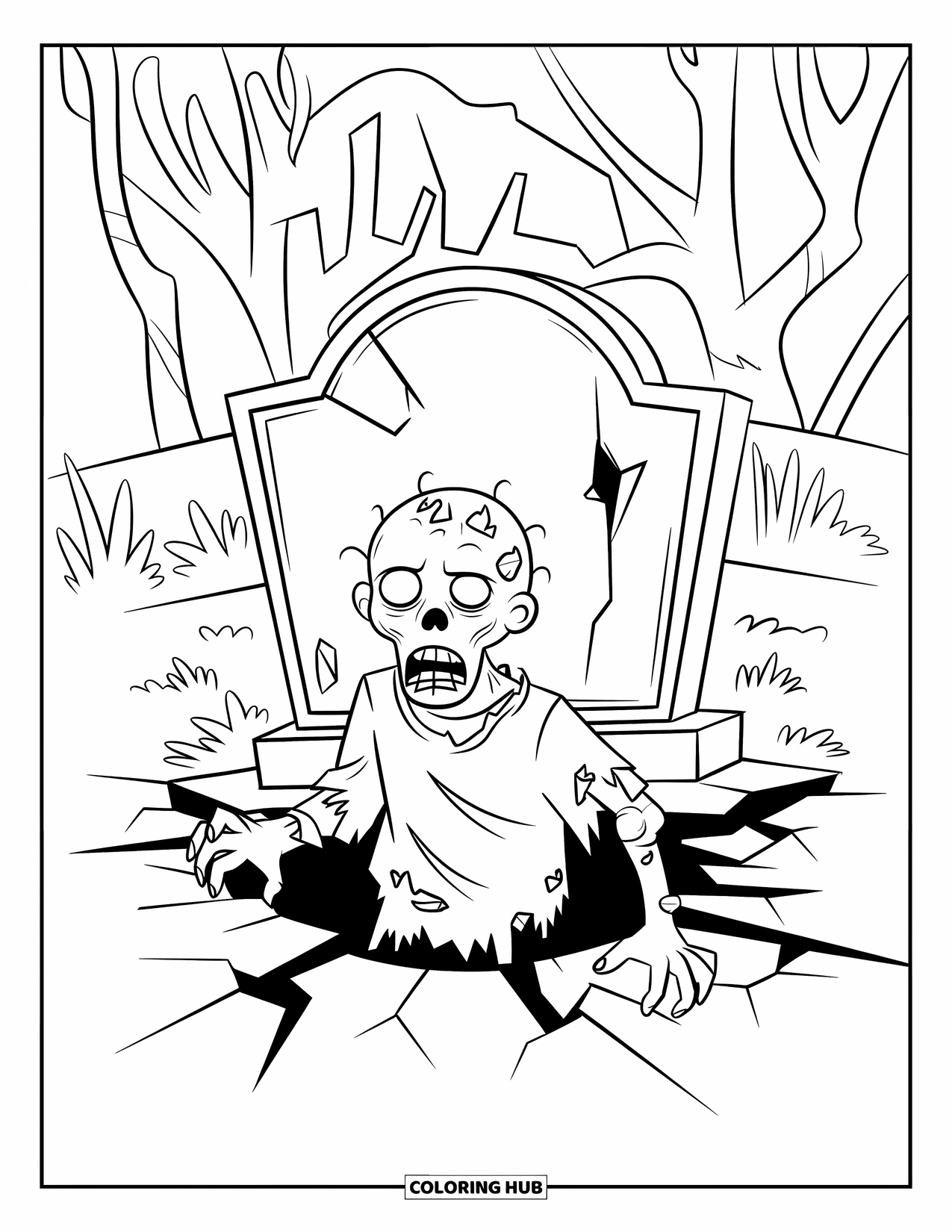Zombie Ausmalbild für Kinder: Zombie steigt aus einem Grab neben einem abgenutzten Grabstein und verworrenen Pflanzen
