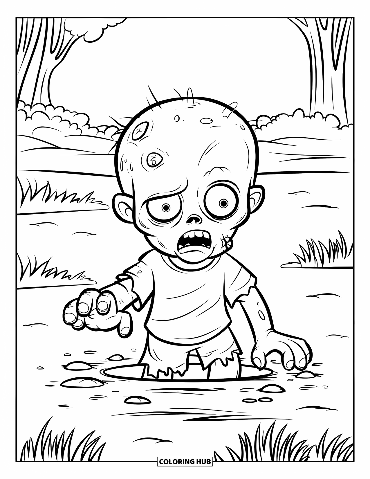 Zombie Ausmalbild für Kinder: Zombie taucht langsam aus dem Dreck in einem friedlichen Feld auf