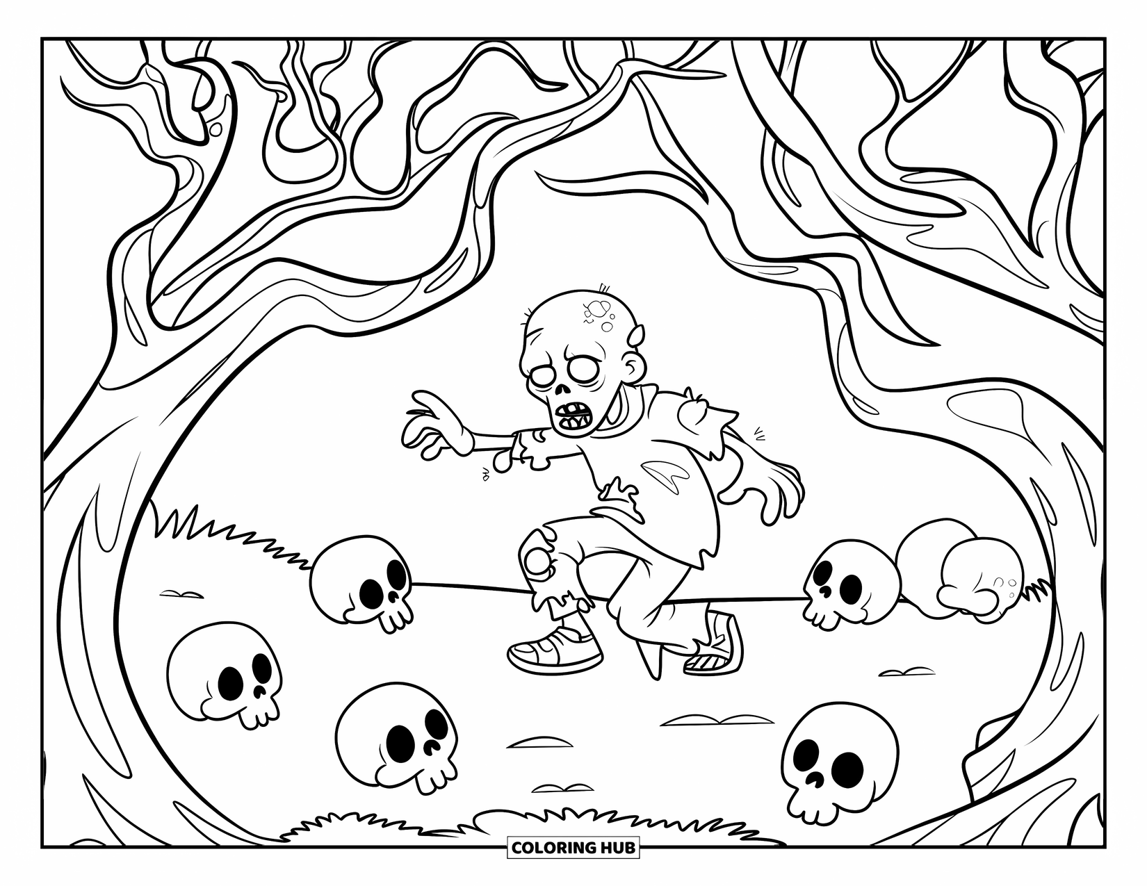 Zombie Ausmalbild für Kinder: Zombie steht unter verdrehten Ästen mit verstreuten Schädeln auf dem Boden